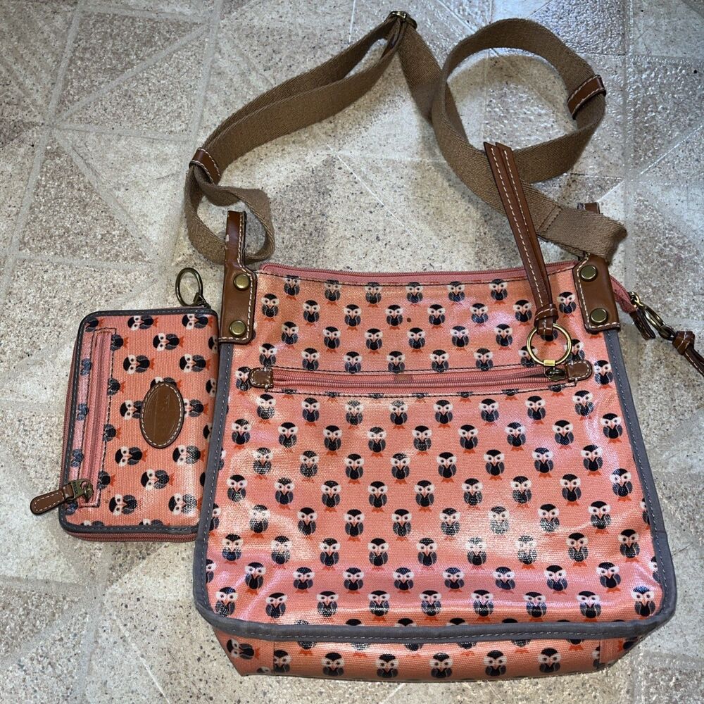 Fossil Peach Owl Coated Canvas Messenger Cross Body Shoulder Bag and wallet